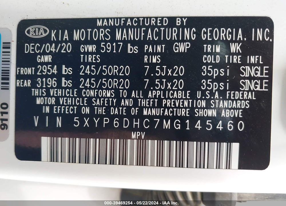 2021 KIA TELLURIDE S VIN: 5XYP6DHC7MG145460
