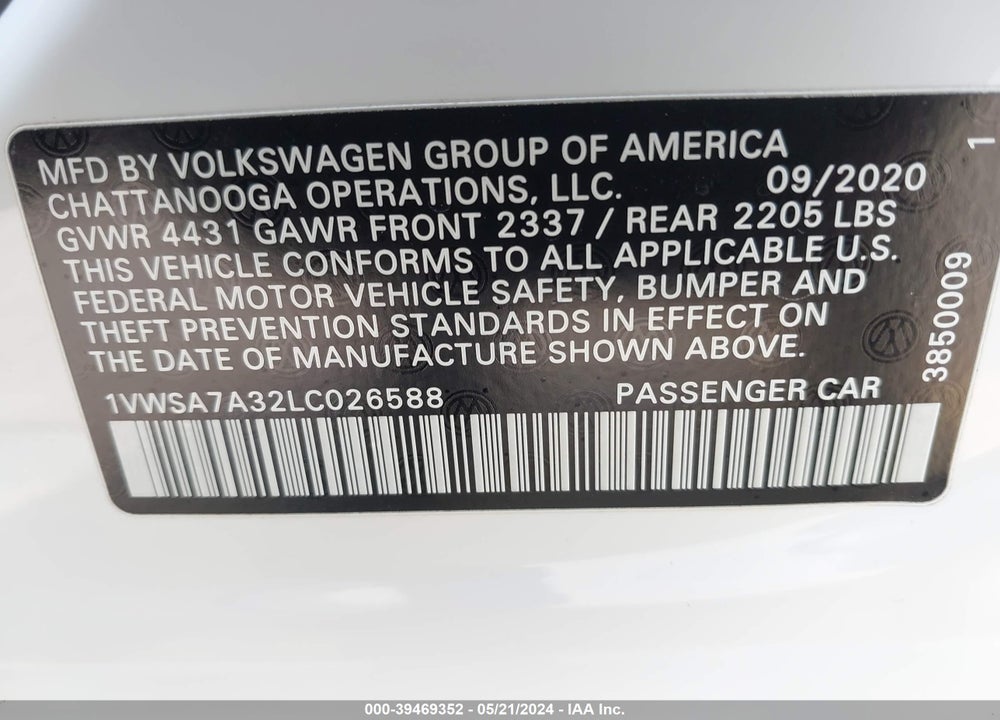 2020 VOLKSWAGEN PASSAT 2.0T SE VIN: 1VWSA7A32LC026588