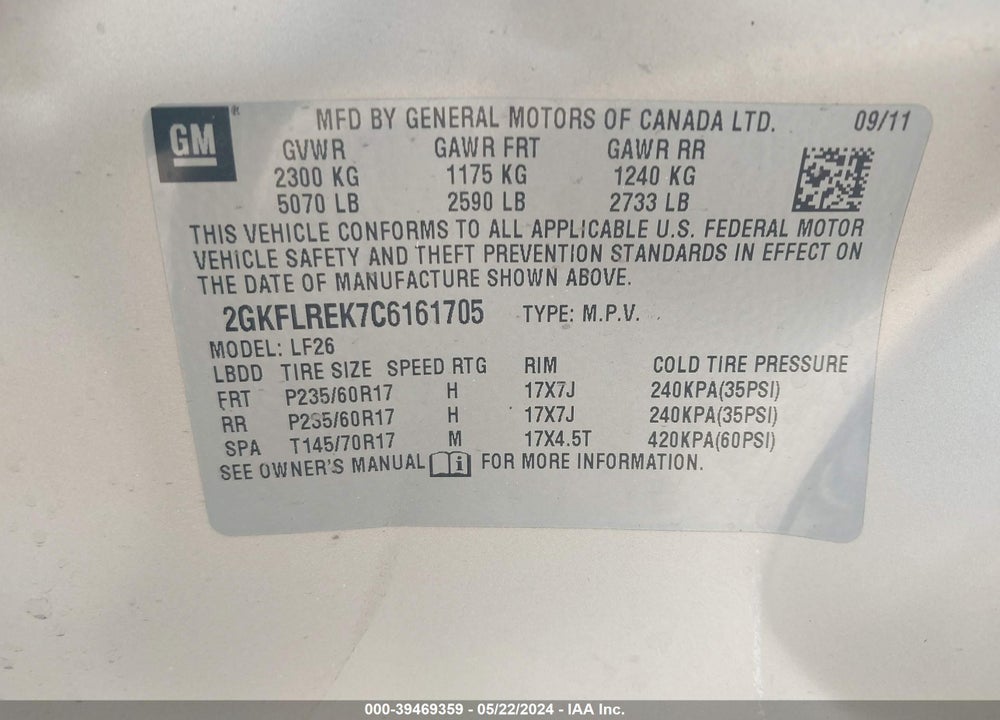 2012 GMC TERRAIN SLE-1 VIN: 2GKFLREK7C6161705