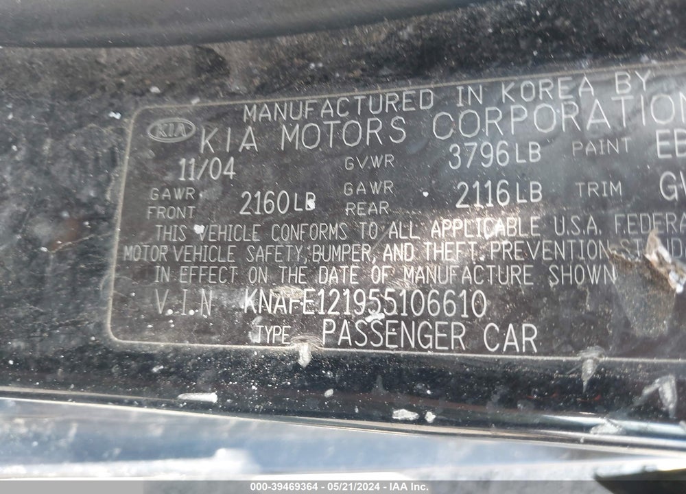 2005 KIA SPECTRA EX/LX/SX VIN: KNAFE121955106610