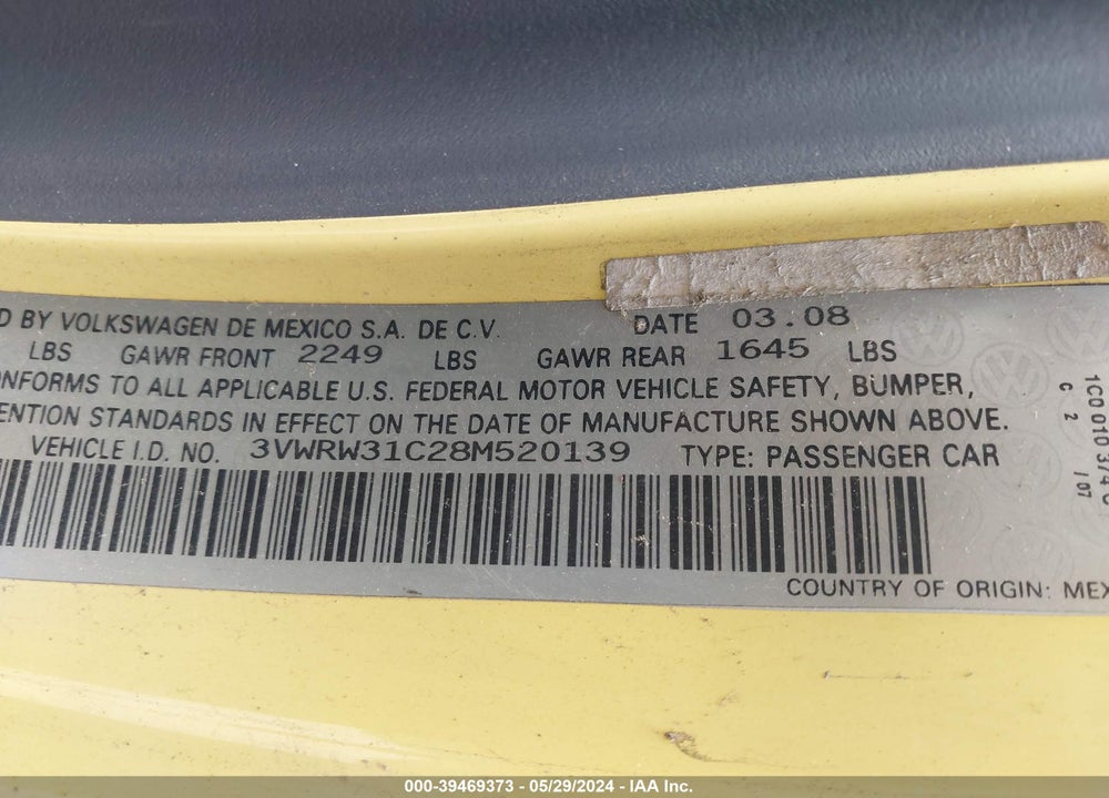 2008 VOLKSWAGEN NEW BEETLE SE VIN: 3VWRW31C28M520139