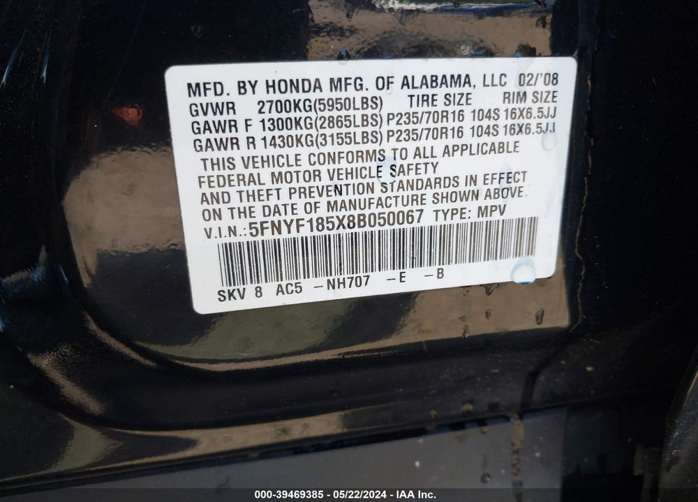 2008 HONDA PILOT EX-L VIN: 5FNYF185X8B050067
