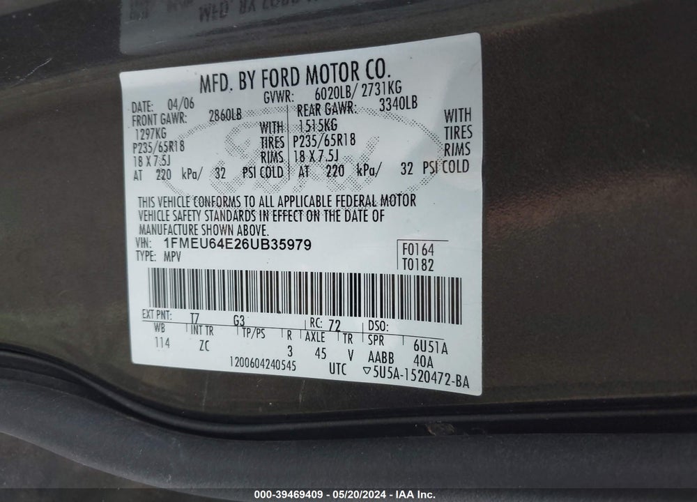 2006 FORD EXPLORER EDDIE BAUER VIN: 1FMEU64E26UB35979
