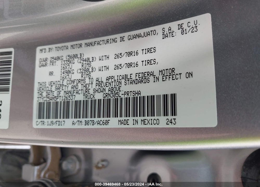 2023 TOYOTA TACOMA TRD OFF ROAD VIN: 3TYCZ5AN5PT126537