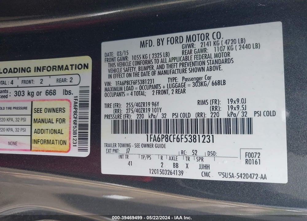 2015 FORD MUSTANG GT PREMIUM VIN: 1FA6P8CF6F5381231