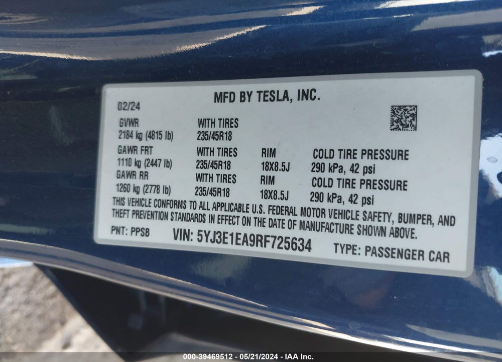 2024 TESLA MODEL 3 REAR-WHEEL DRIVE VIN: 5YJ3E1EA9RF725634
