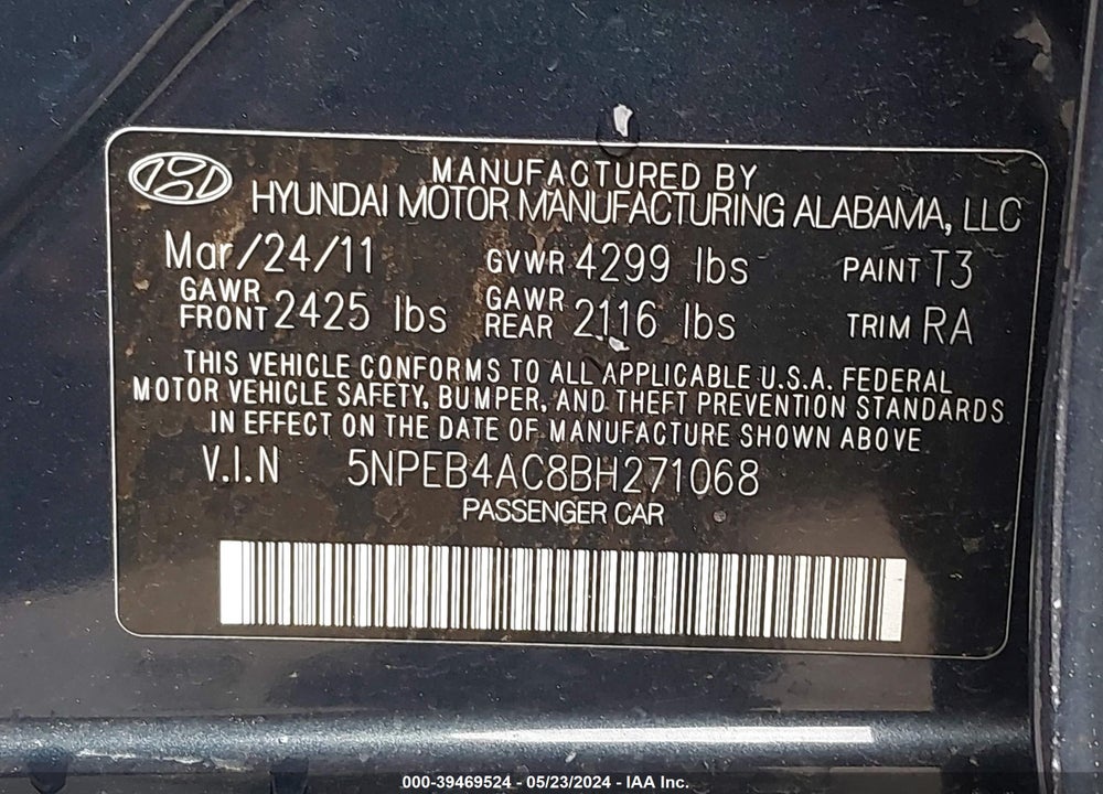 2011 HYUNDAI SONATA GLS VIN: 5NPEB4AC8BH271068
