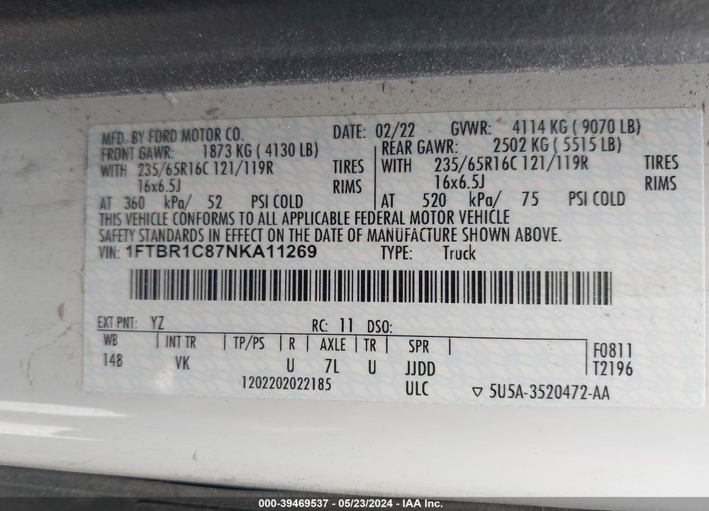 2022 FORD TRANSIT-250 VIN: 1FTBR1C87NKA11269