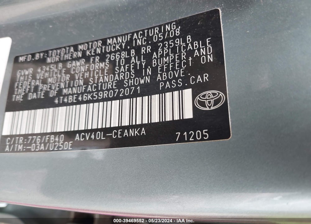 2009 TOYOTA CAMRY LE VIN: 4T4BE46K59R072071