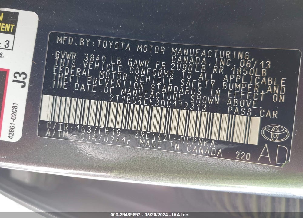2013 TOYOTA COROLLA LE VIN: 2T1BU4EE3DC112313