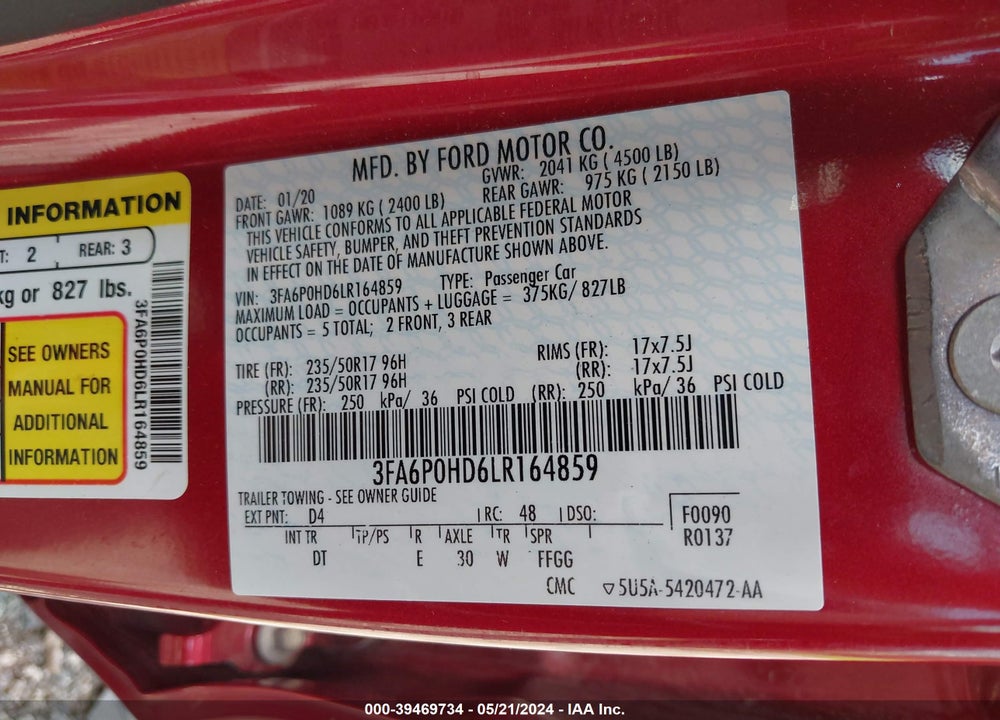 2020 FORD FUSION SE VIN: 3FA6P0HD6LR164859