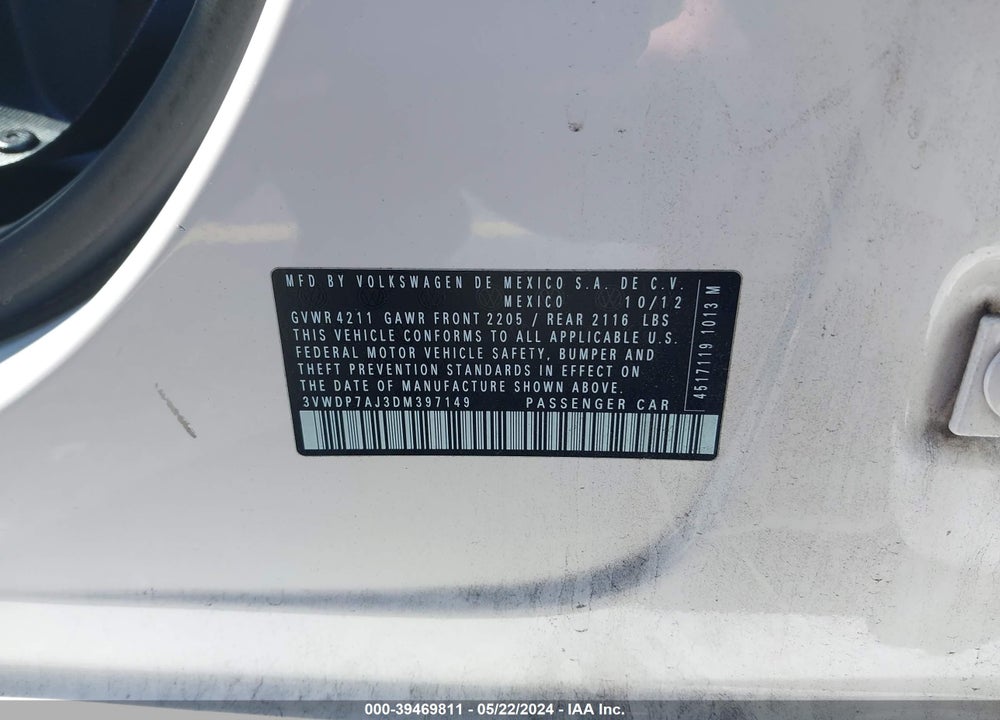 2013 VOLKSWAGEN JETTA 2.5L SE VIN: 3VWDP7AJ3DM397149