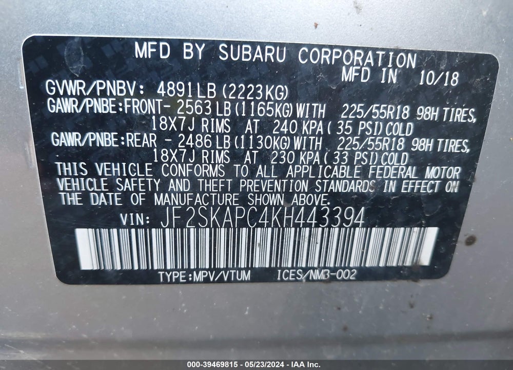 2019 SUBARU FORESTER SPORT VIN: JF2SKAPC4KH443394