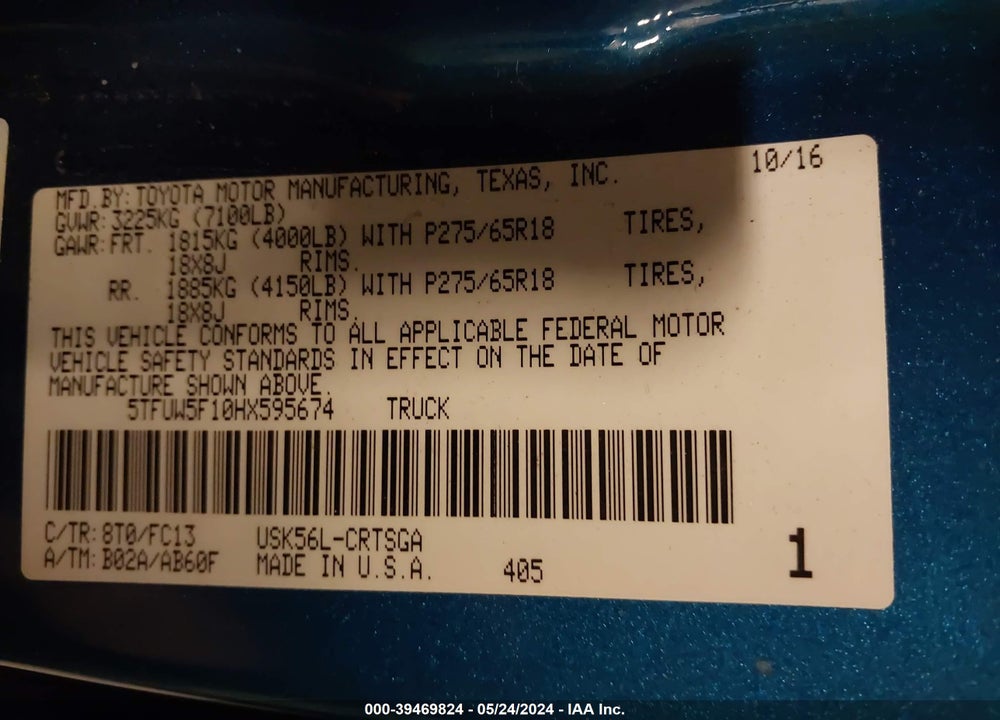 2017 TOYOTA TUNDRA SR5 5.7L V8 VIN: 5TFUW5F10HX595674