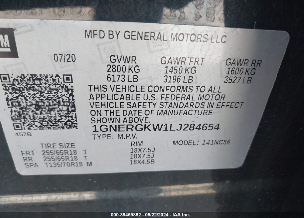 2020 CHEVROLET TRAVERSE FWD LT CLOTH VIN: 1GNERGKW1LJ284654