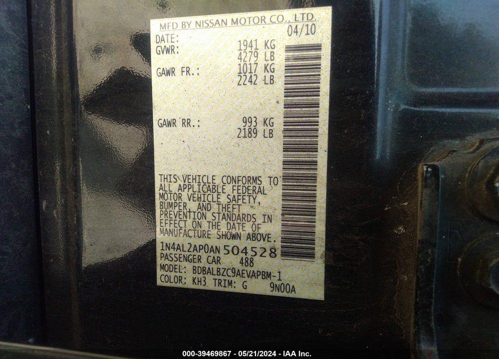 2010 NISSAN ALTIMA 2.5 S VIN: 1N4AL2AP0AN504528