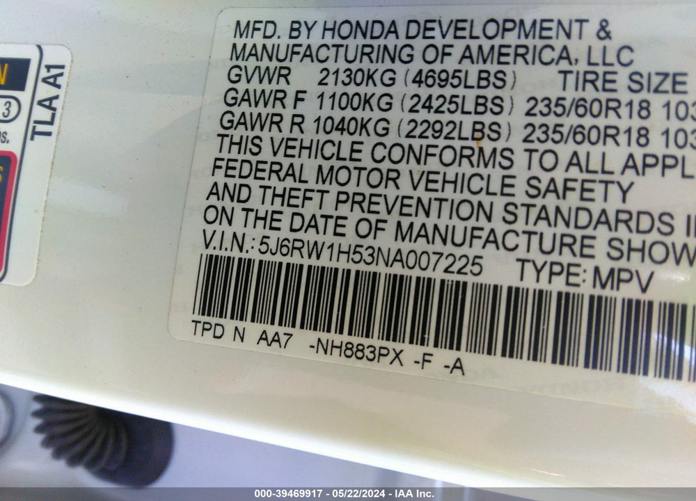 2022 HONDA CR-V 2WD EX VIN: 5J6RW1H53NA007225
