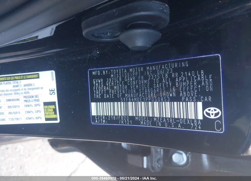 2023 TOYOTA COROLLA LE VIN: 5YFB4MDE1PP050853