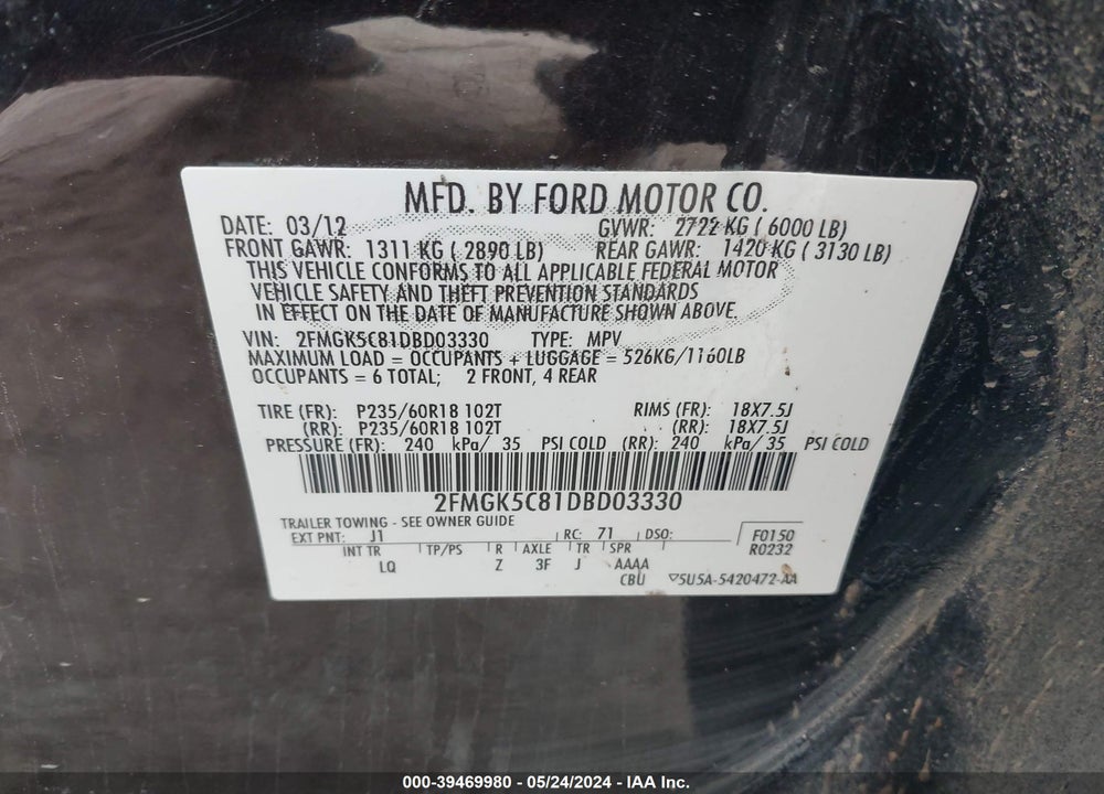 2013 FORD FLEX SEL VIN: 2FMGK5C81DBD03330