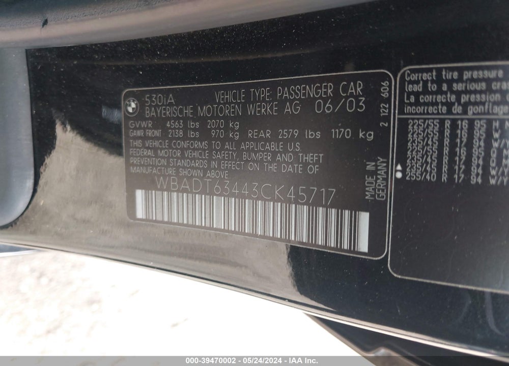 2003 BMW 530IA VIN: WBADT63443CK45717