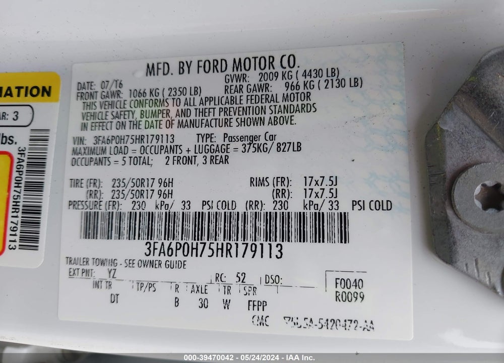 2017 FORD FUSION SE VIN: 3FA6P0H75HR179113