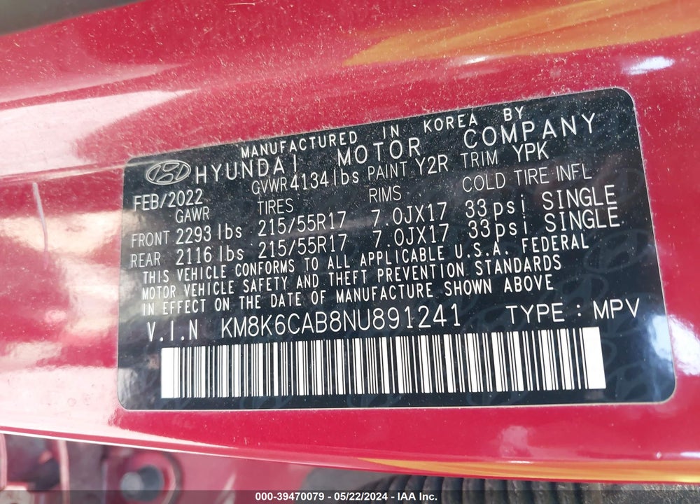 2022 HYUNDAI KONA SEL VIN: KM8K6CAB8NU891241