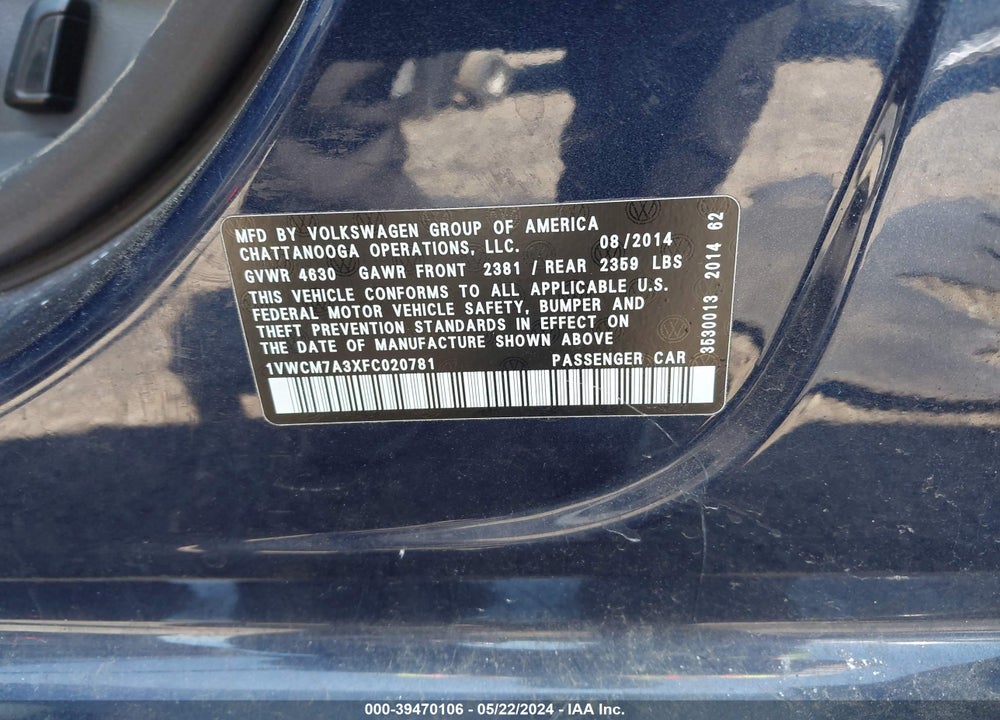 2015 VOLKSWAGEN PASSAT 3.6L V6 SEL PREMIUM VIN: 1VWCM7A3XFC020781