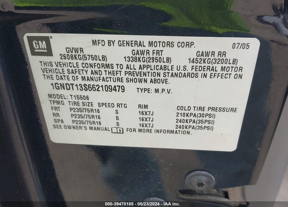 2006 CHEVROLET TRAILBLAZER LS VIN: 1GNDT13S662109479
