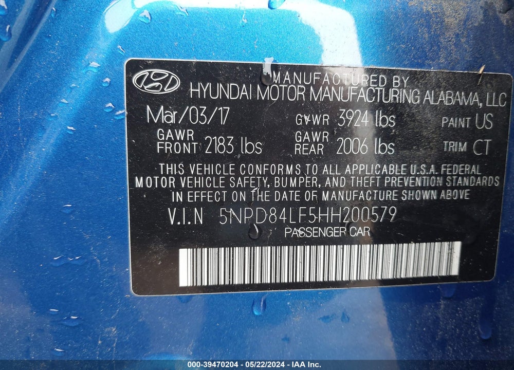 2017 HYUNDAI ELANTRA VALUE EDITION VIN: 5NPD84LF5HH200579