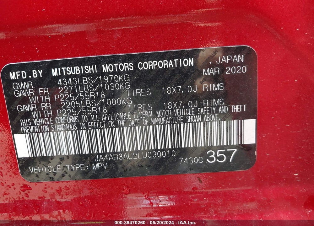 2020 MITSUBISHI OUTLANDER SPORT 2.0 ES AWC VIN: JA4AR3AU2LU030010