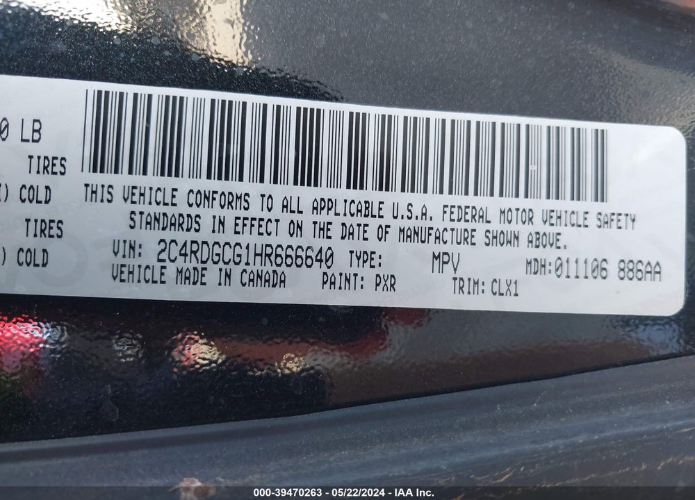 2017 DODGE GRAND CARAVAN SXT VIN: 2C4RDGCG1HR666640