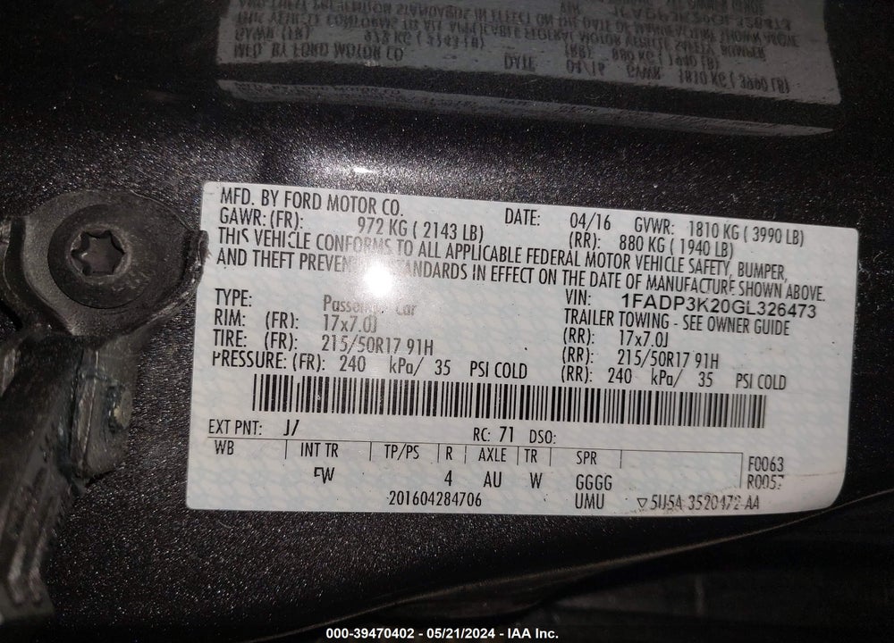 2016 FORD FOCUS SE VIN: 1FADP3K20GL326473