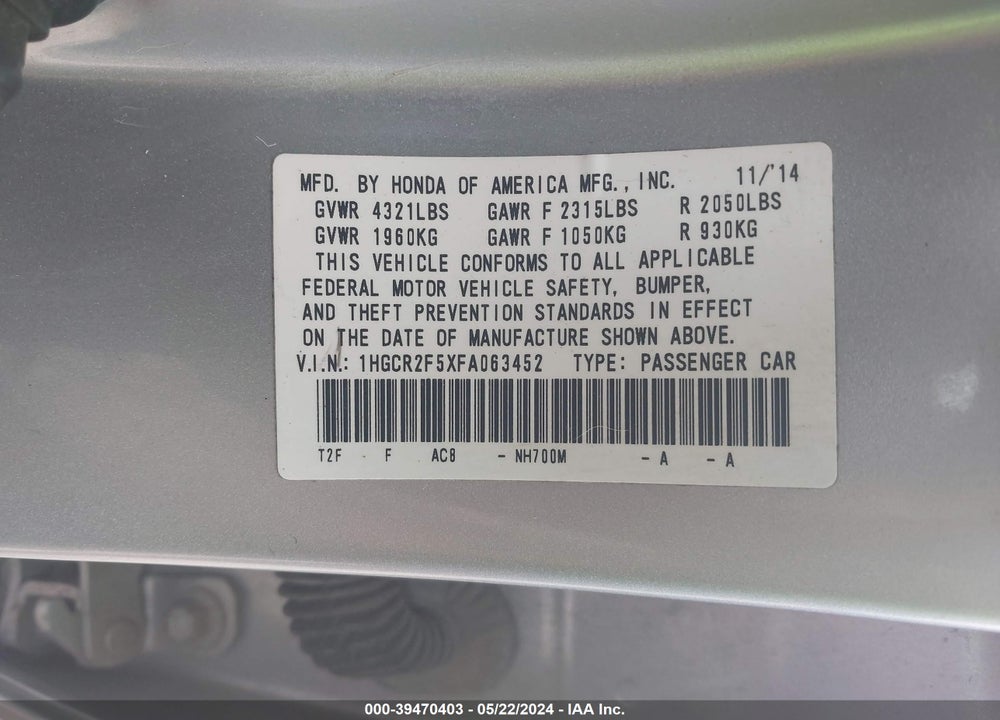 2015 HONDA ACCORD SPORT VIN: 1HGCR2F5XFA063452