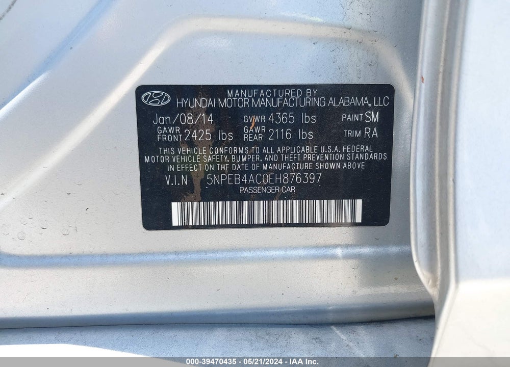 2014 HYUNDAI SONATA GLS VIN: 5NPEB4AC0EH876397