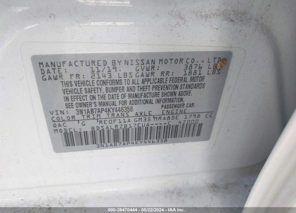 2019 NISSAN SENTRA SR VIN: 3N1AB7AP4KY446358