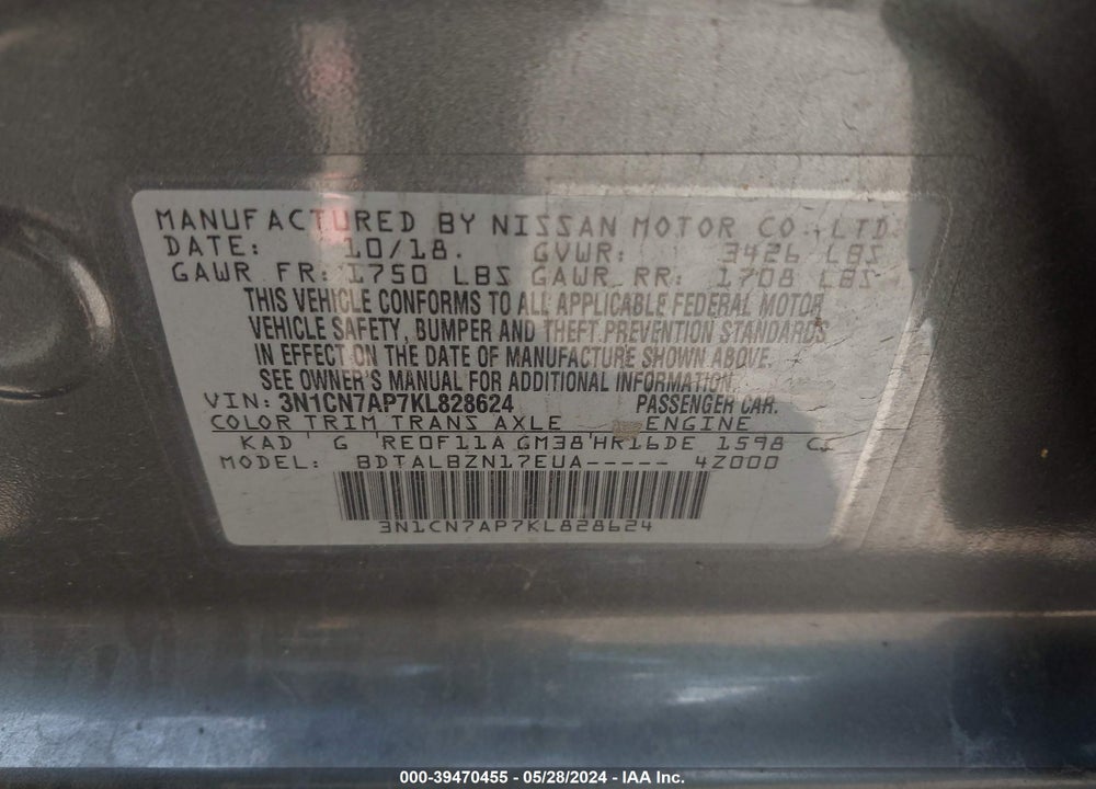 2019 NISSAN VERSA 1.6 SV VIN: 3N1CN7AP7KL828624