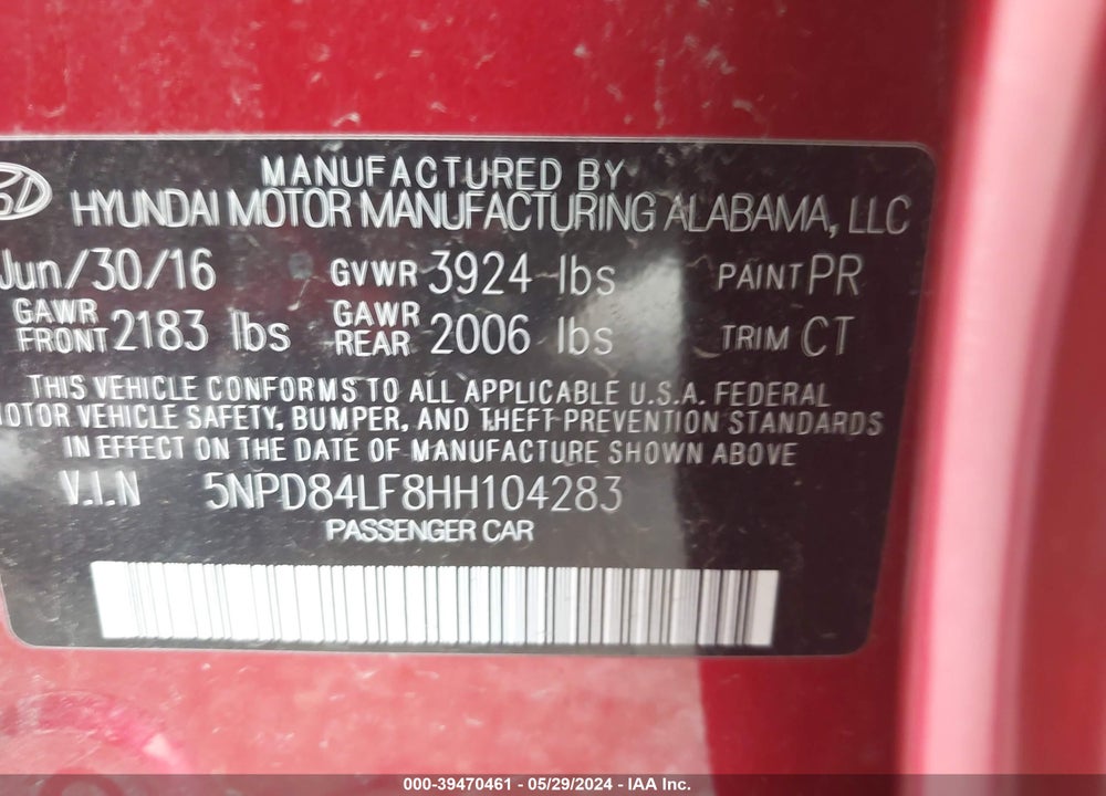 2017 HYUNDAI ELANTRA LIMITED VIN: 5NPD84LF8HH104283