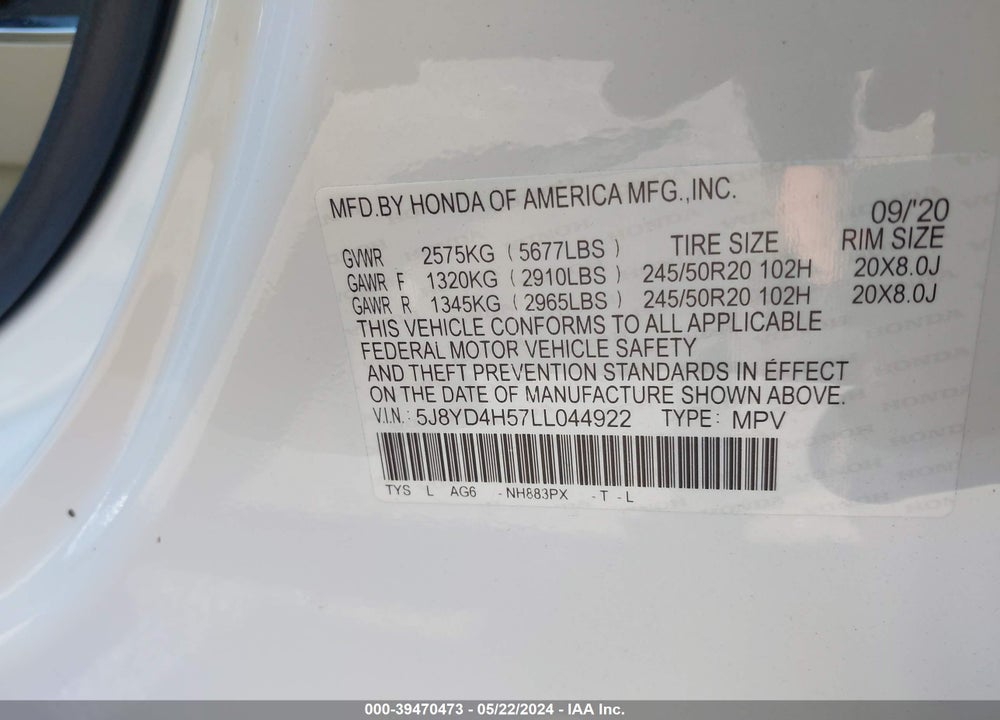 2020 ACURA MDX TECHNOLOGY PACKAGE VIN: 5J8YD4H57LL044922