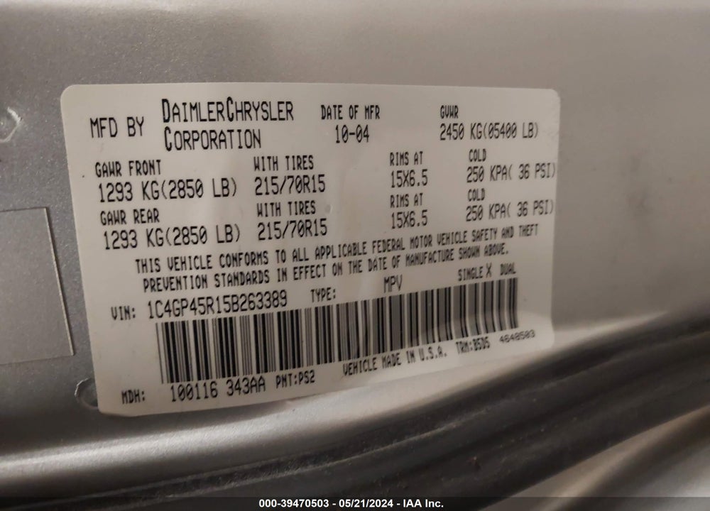 2005 CHRYSLER TOWN & COUNTRY VIN: 1C4GP45R15B263389