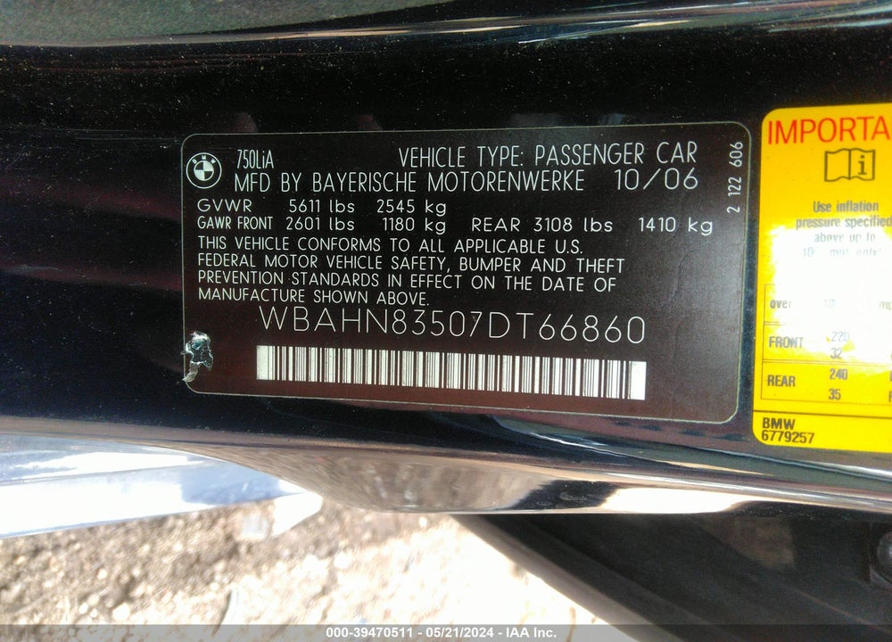 2007 BMW 750LI VIN: WBAHN83507DT66860