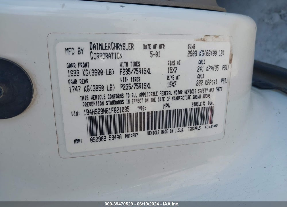 2001 DODGE DURANGO VIN: 1B4HS28N81F621085