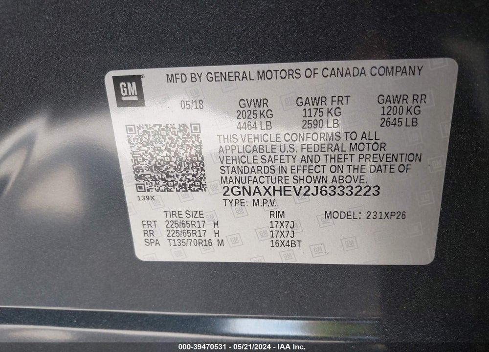 2018 CHEVROLET EQUINOX LS VIN: 2GNAXHEV2J6333223