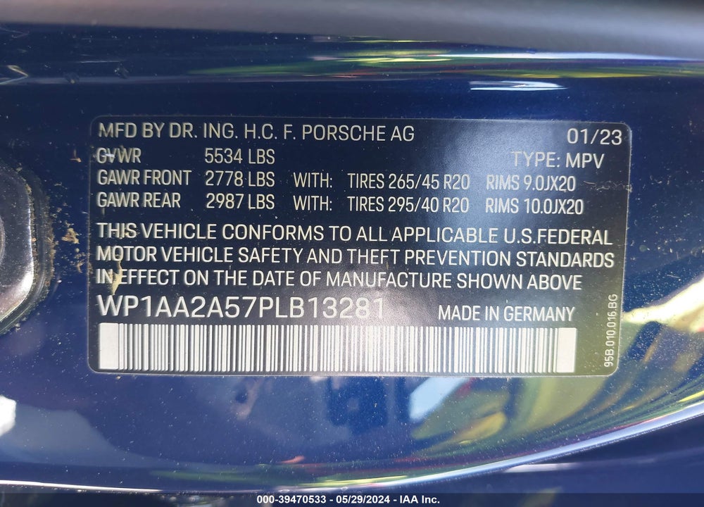 2023 PORSCHE MACAN T VIN: WP1AA2A57PLB13281