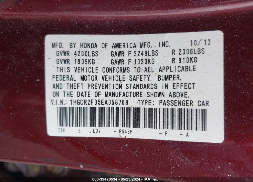 2014 HONDA ACCORD LX VIN: 1HGCR2F35EA058768