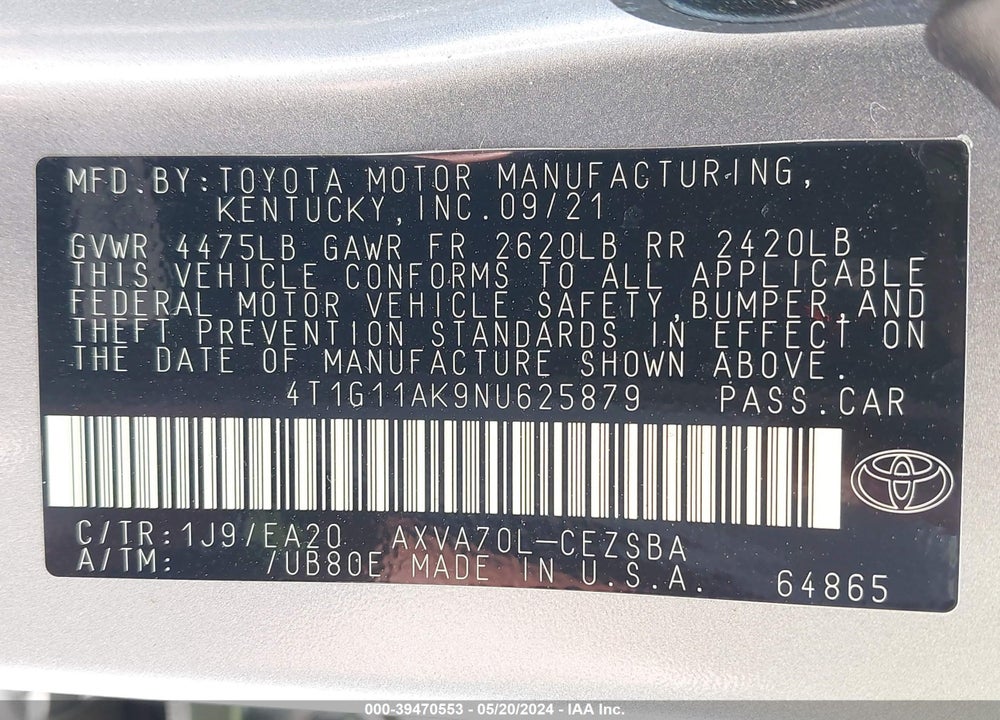 2022 TOYOTA CAMRY SE VIN: 4T1G11AK9NU625879