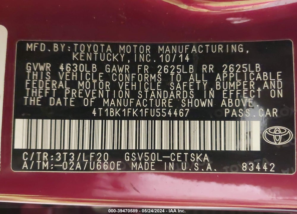 2015 TOYOTA CAMRY XSE V6 VIN: 4T1BK1FK1FU554467
