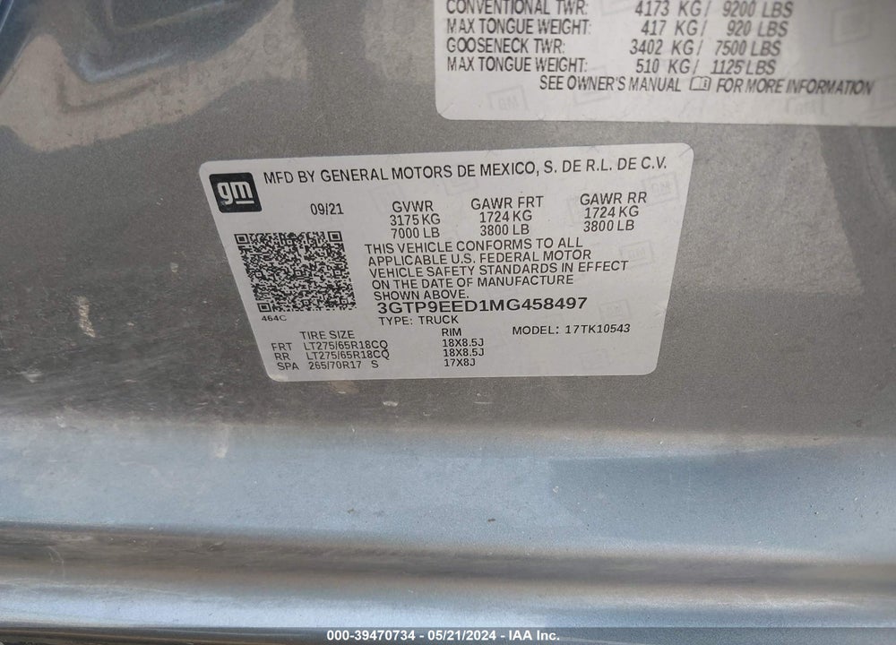 2021 GMC SIERRA 1500 4WD SHORT BOX AT4 VIN: 3GTP9EED1MG458497