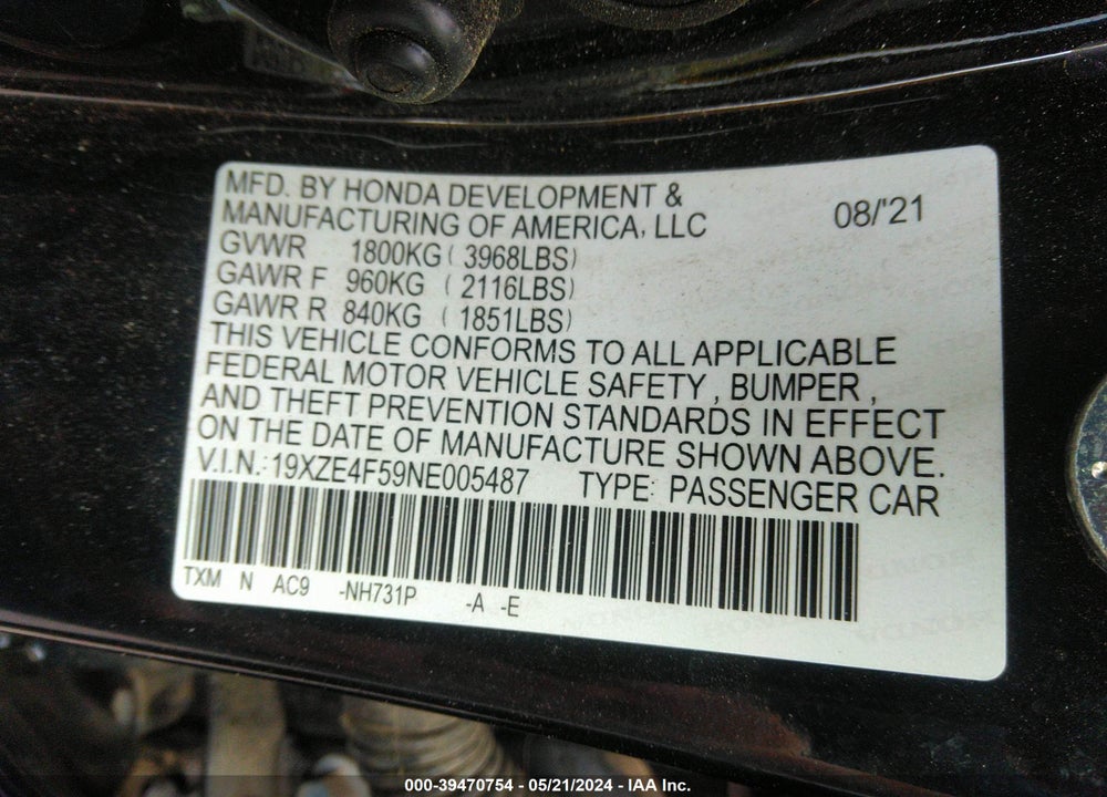 2022 HONDA INSIGHT EX VIN: 19XZE4F59NE005487