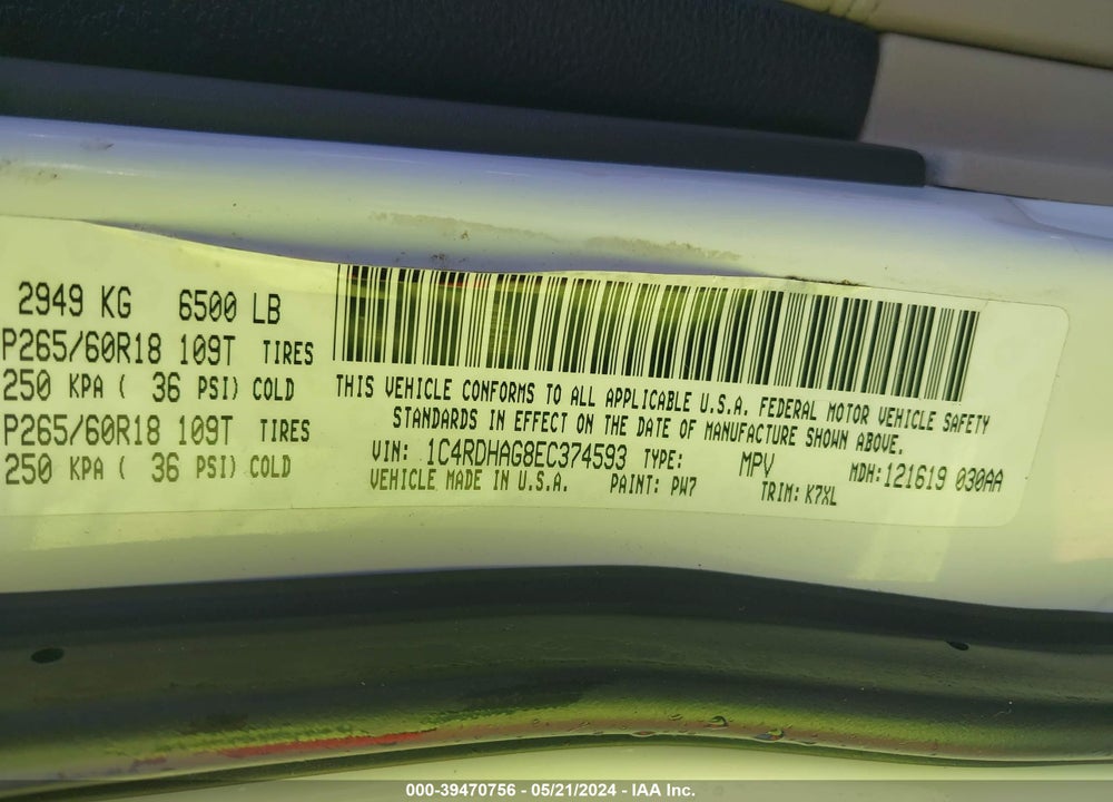 2014 DODGE DURANGO SXT VIN: 1C4RDHAG8EC374593