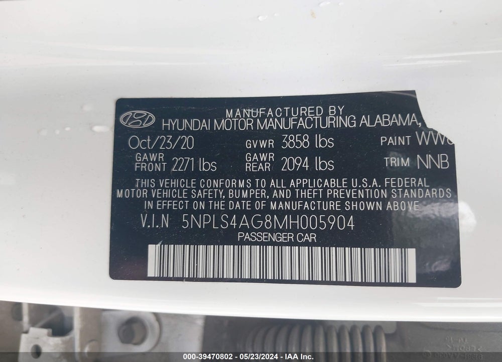 2021 HYUNDAI ELANTRA SEL VIN: 5NPLS4AG8MH005904